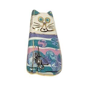 Vintage Ceramic Cat Brooch With Mouse Multicolor Striped Cottage Chic Design 2"